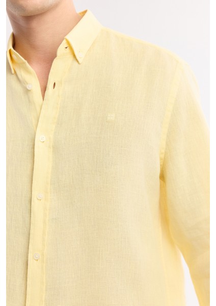 Erkek Sarı Düğmeli Yaka %100 Keten Comfort Fit Gömlek B002191 fiyatları