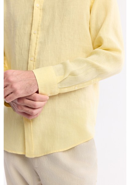 Erkek Sarı Düğmeli Yaka %100 Keten Comfort Fit Gömlek B002191 modelleri