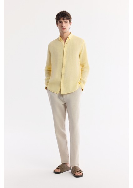 Erkek Sarı Düğmeli Yaka %100 Keten Comfort Fit Gömlek B002191