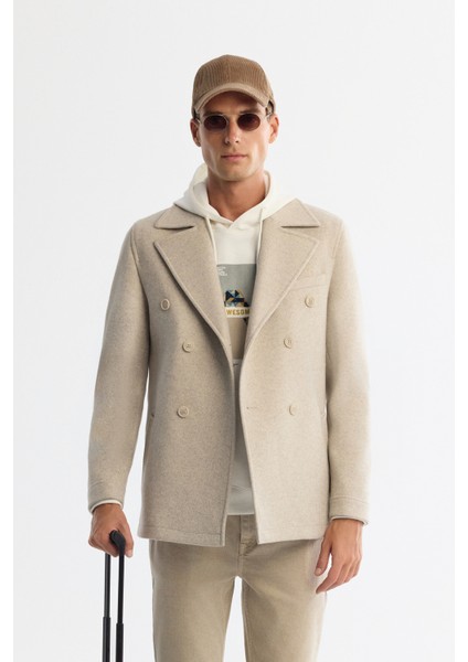 Erkek Bej Kruvaze Kapama Yandan Cepli Yün Karışımlı Astarlı Kaşe Comfort Fit Kaban A42Y6065
