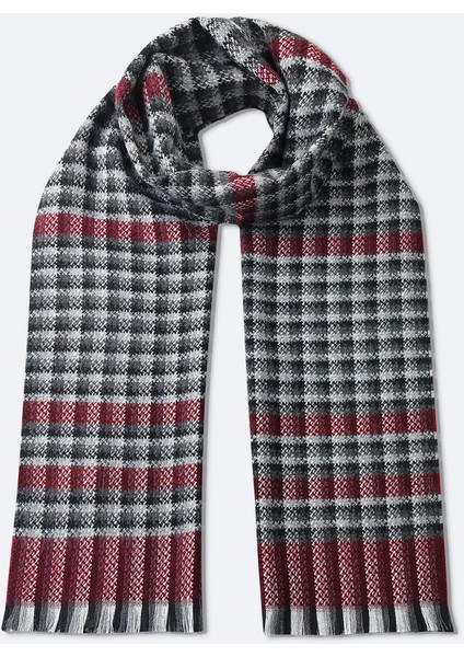 Erkek Bordo-Antrasit Yün Karışımlı Püsküllü Desenli Şal A42Y9410