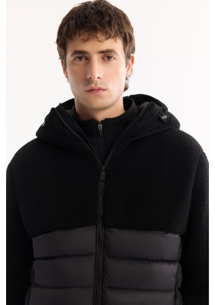 Erkek Siyah Kapüşonlu Rüzgar Geçirmez -4°C Dayanıklı Şişme Peluş Comfort Fit Mont A52Y6158 fiyatları