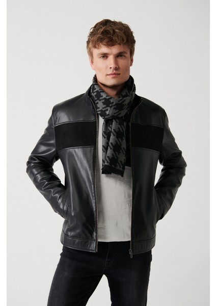 Erkek Siyah Dik Yaka Önü Parçalı Süet-Deri Mont A32Y6037