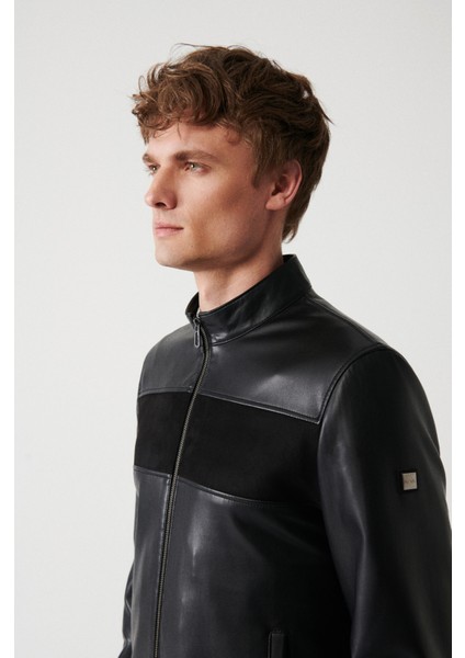 Erkek Siyah Dik Yaka Önü Parçalı Süet-Deri Mont A32Y6037 fiyatları