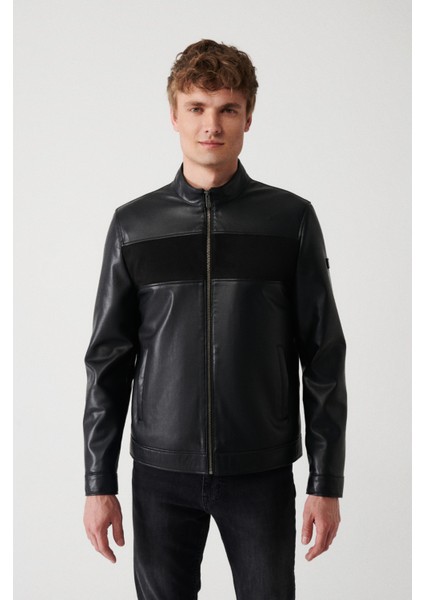 Erkek Siyah Dik Yaka Önü Parçalı Süet-Deri Mont A32Y6037 modelleri