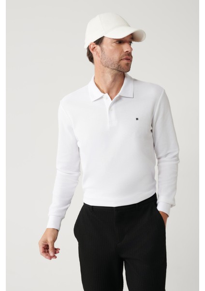 Erkek Beyaz Polo Yaka Pamuklu Basic Slim Fit Sweatshirt B001080