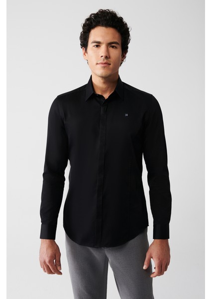 Erkek Siyah %100 Pamuk Klasik Yaka Saten Slim Fit Gömlek B002002