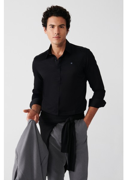 Erkek Siyah %100 Pamuk Klasik Yaka Saten Slim Fit Gömlek B002002 modelleri