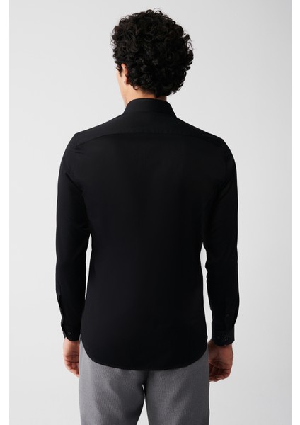 Erkek Siyah %100 Pamuk Klasik Yaka Saten Slim Fit Gömlek B002002 fırsatları