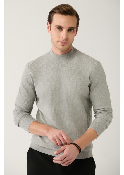 Erkek Gri Bisiklet Yaka Desenli Kazak A32Y5166