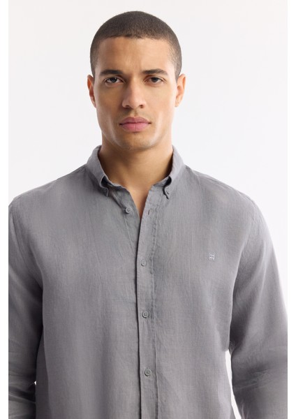 Erkek Antrasit Düğmeli Yaka %100 Keten Comfort Fit Gömlek B002191 fiyatları