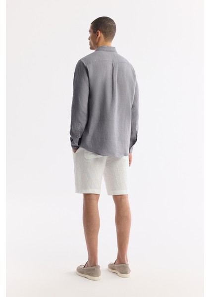 Erkek Antrasit Düğmeli Yaka %100 Keten Comfort Fit Gömlek B002191 fırsatları