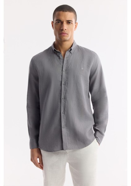 Erkek Antrasit Düğmeli Yaka %100 Keten Comfort Fit Gömlek B002191 indirimleri