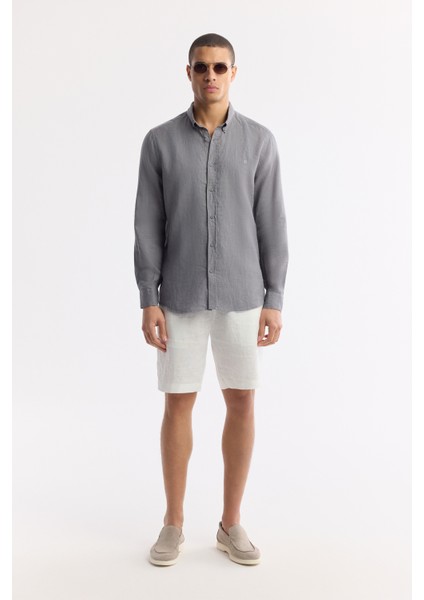Erkek Antrasit Düğmeli Yaka %100 Keten Comfort Fit Gömlek B002191