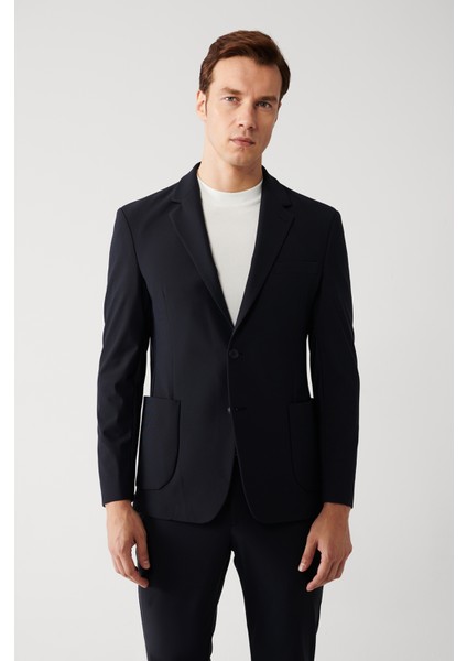 Erkek Lacivert Mono Yaka Çift Yırtmaçlı Takma Cepli Su İtici Kumaşlı Astarsız Ceket A32Y4012