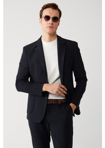 Erkek Lacivert Mono Yaka Çift Yırtmaçlı Takma Cepli Su İtici Kumaşlı Astarsız Ceket A32Y4012 modelleri