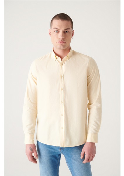 Erkek Açık Sarı Oxford %100 Pamuk Düğmeli Yaka Regular Fit Gömlek B002003 modelleri