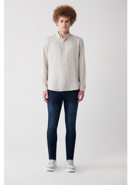 Erkek Açık Gri Düğmeli Yaka Keten Karışımlı Slim Fit Gömlek B002001 indirimleri