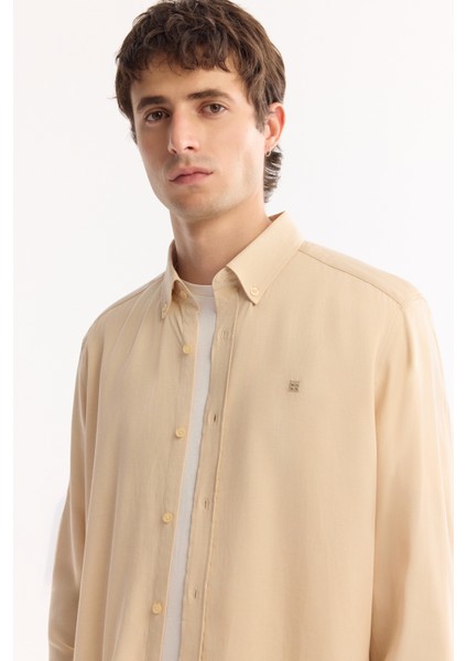 Erkek Vizon Düğmeli Yaka Keten Karışımlı Slim Fit Gömlek B002001 indirimleri