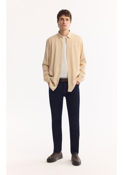 Erkek Vizon Düğmeli Yaka Keten Karışımlı Slim Fit Gömlek B002001