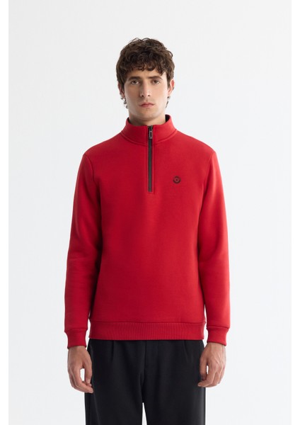 Erkek Kırmızı Dik Yaka Fermuarlı 3 İplik Şardonlu Regular Fit Sweatshirt E001020