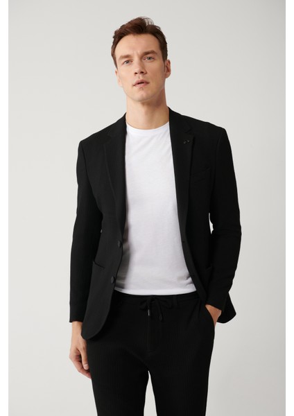 Erkek Siyah Yırtmaçlı Astarsız Bi-Stretch Kumaş Blazer Comfort Slim Fit Ceket A41Y4032