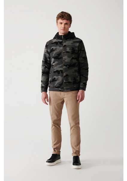 Erkek Antrasit Çıkma Kapüşonlu Önü Fermuarlı Örme Mont A32Y6107