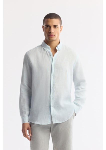 Erkek Açık Mavi Düğmeli Yaka %100 Keten Comfort Fit Gömlek B002191