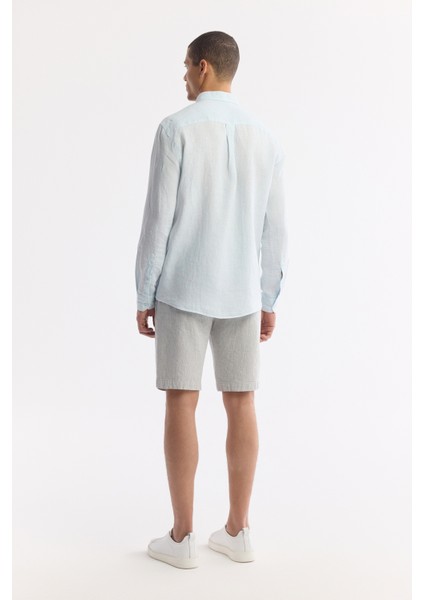 Erkek Açık Mavi Düğmeli Yaka %100 Keten Comfort Fit Gömlek B002191 fırsatları