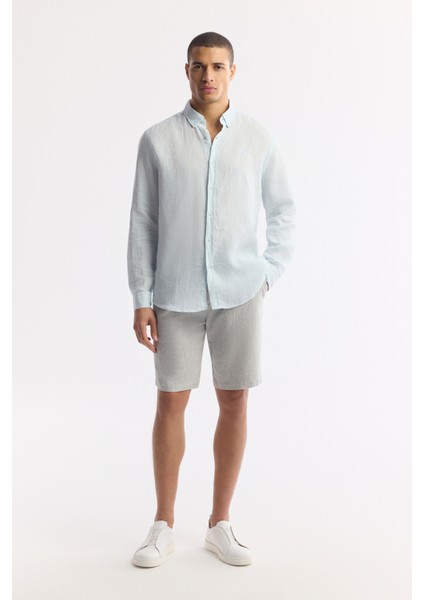Erkek Açık Mavi Düğmeli Yaka %100 Keten Comfort Fit Gömlek B002191 indirimleri