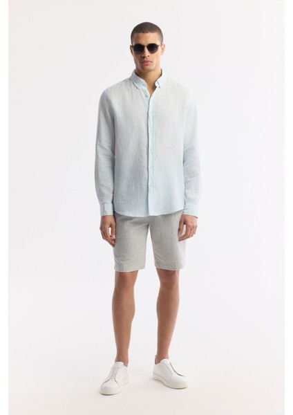Erkek Açık Mavi Düğmeli Yaka %100 Keten Comfort Fit Gömlek B002191