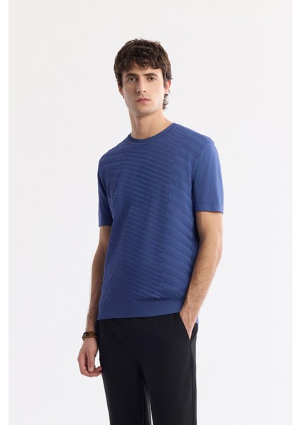 Erkek İndigo Bisiklet Yaka Rayon Triko Regular Fit T-Shirt A51Y5004