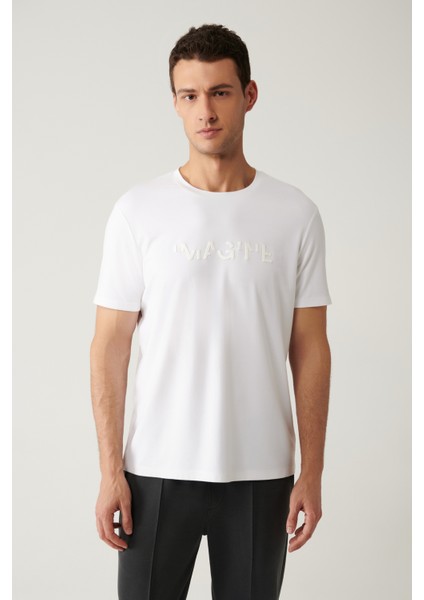 Erkek Beyaz Bisiklet Yaka Baskılı Soft Touch Regular Fit T-shirt A41y1030 modelleri