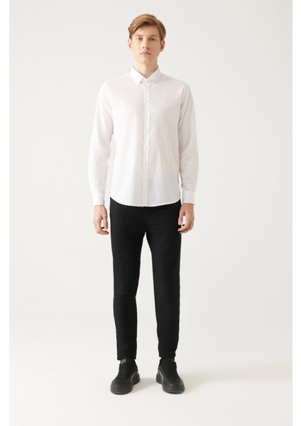 Erkek Beyaz Düğmeli Yaka Basic %100 Pamuk Slim Fit Gömlek B002030 indirimleri