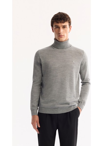 Erkek Gri Balıkçı Yaka Yün Karışımlı Triko Regular Fit Kazak B005014