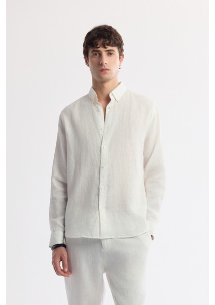 Erkek Beyaz Düğmeli Yaka %100 Keten Comfort Fit Gömlek B002191