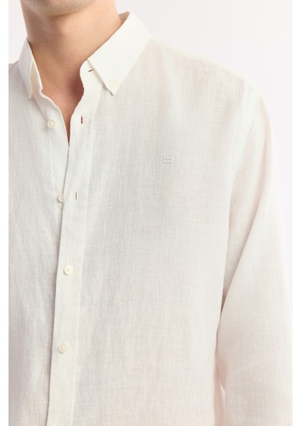 Erkek Beyaz Düğmeli Yaka %100 Keten Comfort Fit Gömlek B002191 fiyatları