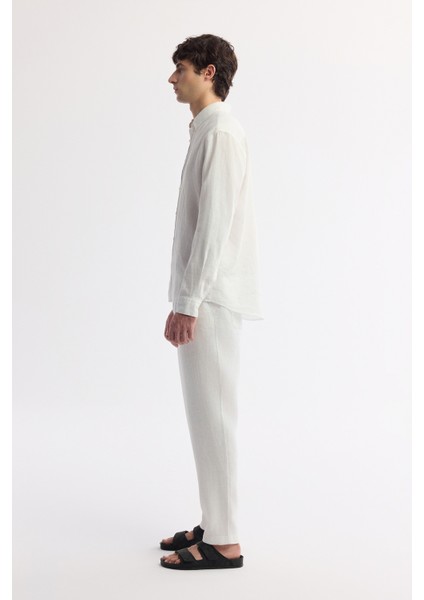 Erkek Beyaz Düğmeli Yaka %100 Keten Comfort Fit Gömlek B002191 modelleri