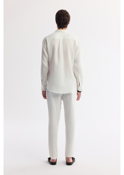 Erkek Beyaz Düğmeli Yaka %100 Keten Comfort Fit Gömlek B002191 fırsatları