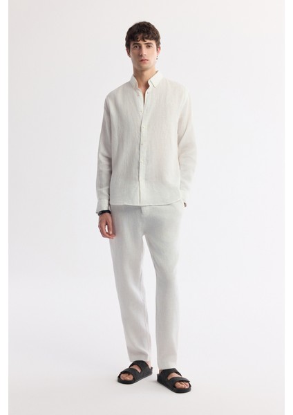 Erkek Beyaz Düğmeli Yaka %100 Keten Comfort Fit Gömlek B002191 indirimleri