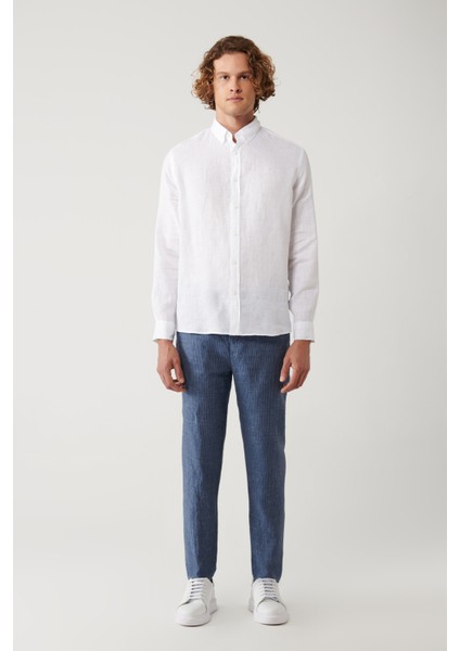 Erkek Beyaz Düğmeli Yaka %100 Keten Comfort Fit Gömlek B002191