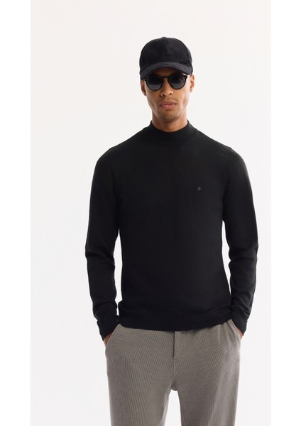 Erkek Siyah Yarım Balıkçı Yaka Yün Karışımlı Triko Regular Fit Kazak B005015