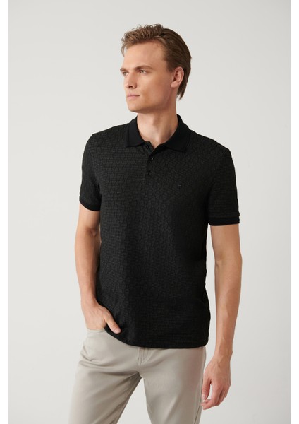 Erkek Siyah 3 Düğmeli Jakarlı Polo Yaka Regular Fit T-Shirt A41Y1051