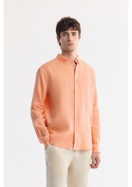 Erkek Turuncu Düğmeli Yaka %100 Keten Comfort Fit Gömlek B002191
