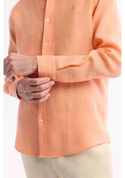 Erkek Turuncu Düğmeli Yaka %100 Keten Comfort Fit Gömlek B002191 fiyatları