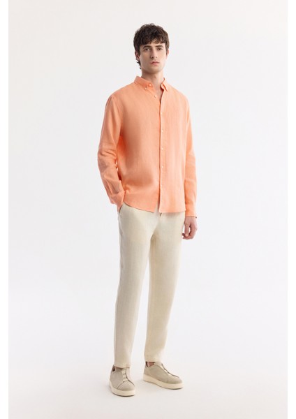 Erkek Turuncu Düğmeli Yaka %100 Keten Comfort Fit Gömlek B002191
