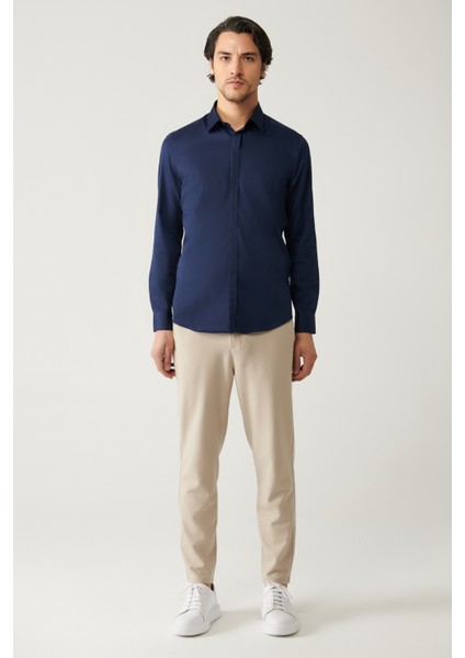 Erkek Lacivert %100 Pamuk Klasik Yaka Saten Slim Fit Gömlek B002002 indirimleri