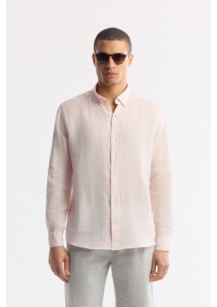 Erkek Pembe Düğmeli Yaka %100 Keten Comfort Fit Gömlek B002191