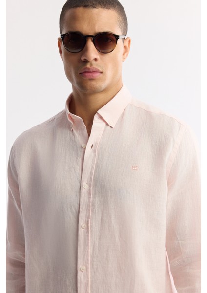 Erkek Pembe Düğmeli Yaka %100 Keten Comfort Fit Gömlek B002191 fiyatları