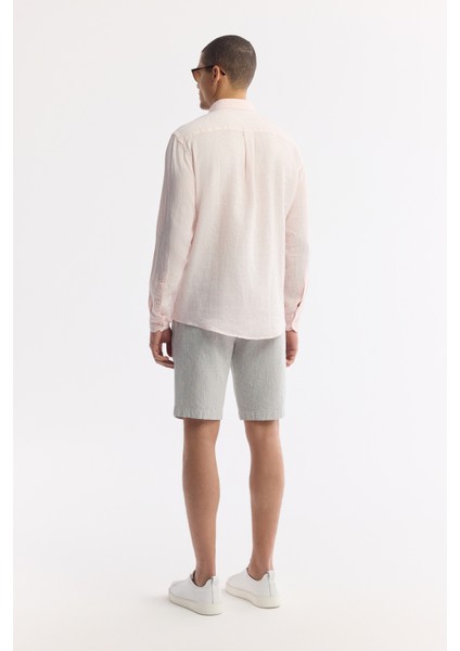 Erkek Pembe Düğmeli Yaka %100 Keten Comfort Fit Gömlek B002191 fırsatları